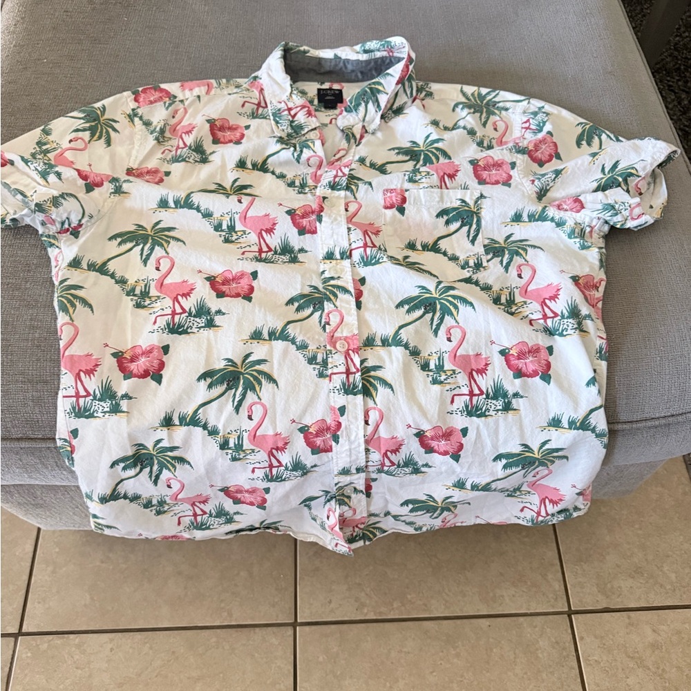 J. Crew Pink Flamingo and Palm Print Men's Shirt